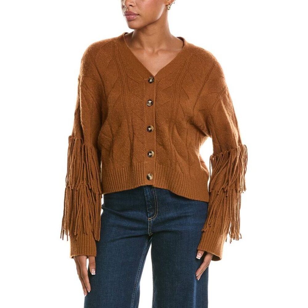 Brodie Cashmere Womens  Cable Fringe Cashmere Cardigan, Brown